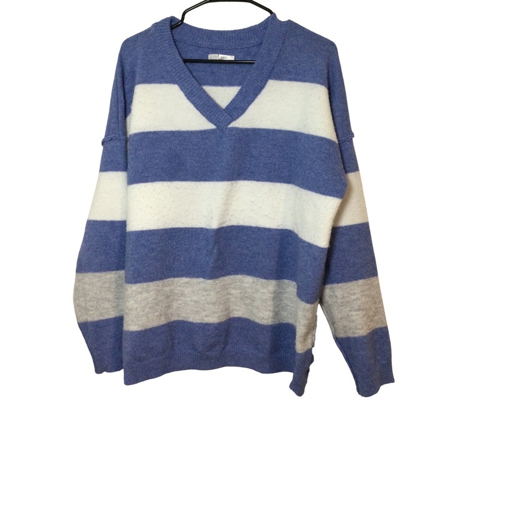 Stitchdrop Striped Sweater Blue White Gray Oversized Comfy Knit Pullover (334)